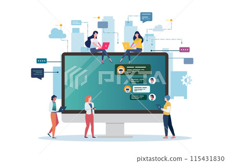 Social network web site surfing concept with computer screen. Global Business Concept. Teamwork Cooperation with Business People Characters. Social network web site surfing concept with computer screen. Global Business Concept. Teamwork Cooperation with Business People Characters. 115431830