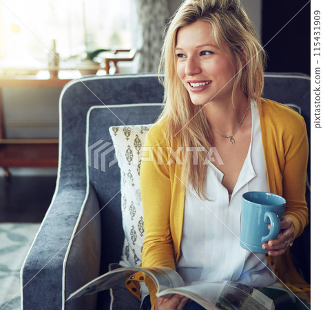 Happy woman, magazine and coffee break in reading, relax or thinking as interior designer for architecture firm. Female person, rest and apartment for calm, stress management or peace as consultant 115431909