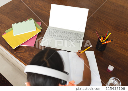 Biracial girl studying at home using a laptop, with copy space 115432106
