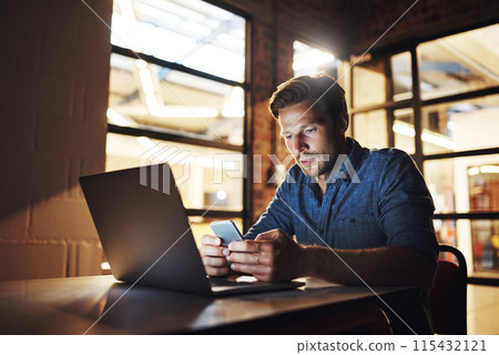 Office, night and portrait of man, texting and web designer with phone, laptop and deadline. Communication, typing and employee with computer, online and working late for project, mobile and reading Office, night and portrait of man, texting and web designer with phone, laptop and deadline. Communication, typing and employee with computer, online and working late for project, mobile and reading 115432121
