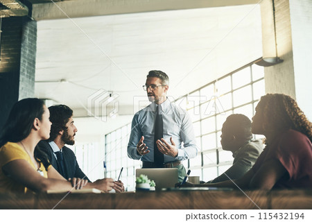 Laptop, people or businessman in presentation for talking, problem solving or solution in meeting. Leadership, workshop or mentor teaching in team training, coaching class or learning opportunity 115432194