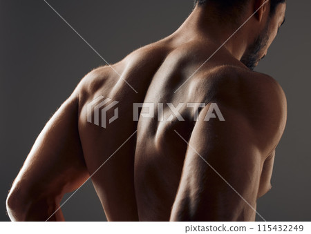Man, back and studio with body or muscles, shirtless and shoulders, athlete and grey background with topless model. Bodybuilder, male person and dark backdrop with spine, strong tricep and shadow Man, back and studio with body or muscles, shirtless and shoulders, athlete and grey background with topless model. Bodybuilder, male person and dark backdrop with spine, strong tricep and shadow 115432249