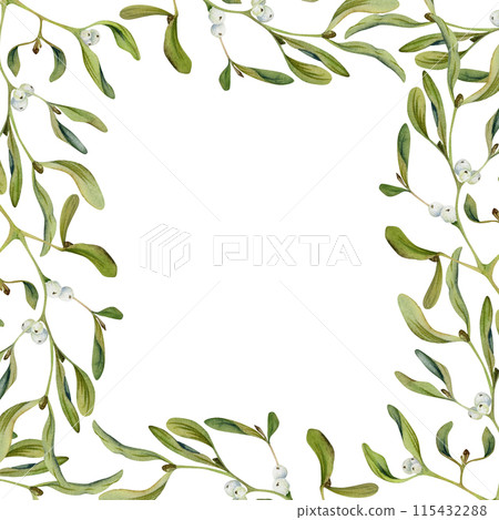 Mistletoe branches with green leaves and white berries. Watercolor hand drawn illustration, border frame isolated on white. Xmas, happy new year festive, noel navidad. Cards, gifts, florist wedding Mistletoe branches with green leaves and white berries. Watercolor hand drawn illustration, border frame isolated on white. Xmas, happy new year festive, noel navidad. Cards, gifts, florist wedding 115432288