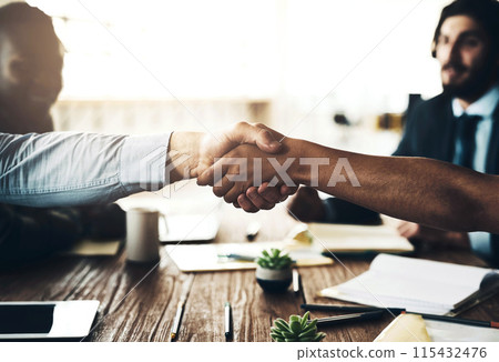 Business people, teamwork and handshake in meeting, greeting and feedback for project, agreement and cooperation. Closeup, hello or group with promotion, opportunity and win for b2b deal or thank you 115432476