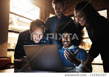 Happy, group and night in boardroom, laptop and brainstorming in workspace and teamwork. Workplace, men and women in office, planning and talking for project, corporate and auditor in business 115432507