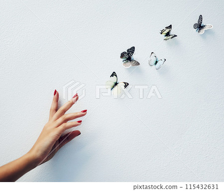Art, mockup and hand of woman with butterfly in studio for beauty, nature and letting go against white background. Flying, release and girl model with insect for freedom, change and transformation 115432631