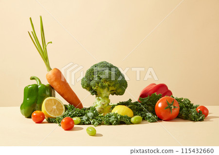 Advertising photo for product made from fresh vegetable ingredient, was taken from front angle over yellow background. Various types of organic vegetable spread evenly on table with lettuce below Advertising photo for product made from fresh vegetable ingredient, was taken from front angle over yellow background. Various types of organic vegetable spread evenly on table with lettuce below 115432660