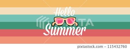 Super Hello summer vector banner with text and retro yellow sunglasses isolated on stripped background. Hello summer poster design template with cartoon sunglasses, retro rainbow, summer vibe 115432760