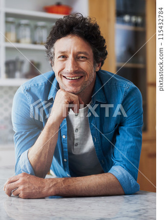 Portrait, happy man and thinking in kitchen for ideas in cooking, nutrition and wellness for dinner at home. Male person, planning and goals as professional chef in household as in meal prep 115432784