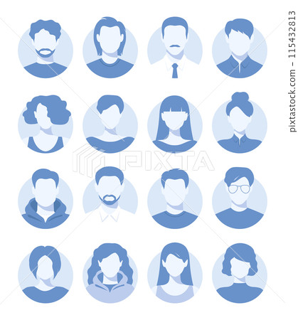 Abstract female and male faceless portraits, avatars or anonymous profiles. Set of woman and man abstract face icons in blue colors. Vector illustration 115432813