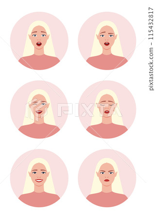 Woman with different facial expressions. Young blond girl is confusing, crying, smiling, scared, angry and laughing. Vector illustration Woman with different facial expressions. Young blond girl is confusing, crying, smiling, scared, angry and laughing. Vector illustration 115432817