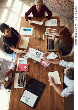 Top view, planning or group of business people in meeting for discussion or brainstorming paper graph in startup. Above, collaboration or team in training with finance manager for data chart analysis 115432819