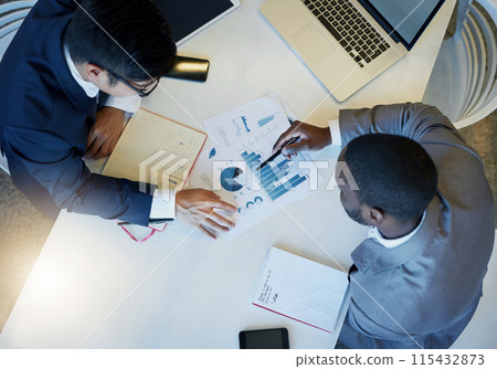 Laptop, paper and business people in office with documents, graph and financial, chart and top view budget review. Accounting, teamwork and men with trading advice, support or idea collaboration Laptop, paper and business people in office with documents, graph and financial, chart and top view budget review. Accounting, teamwork and men with trading advice, support or idea collaboration 115432873