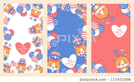 Independence Day banners set. Happy patriotic cats in clothes and accessories with balloons in colors of American flag. Holiday cartoon kawaii character. Isolated vertical vector illustration. 115432896