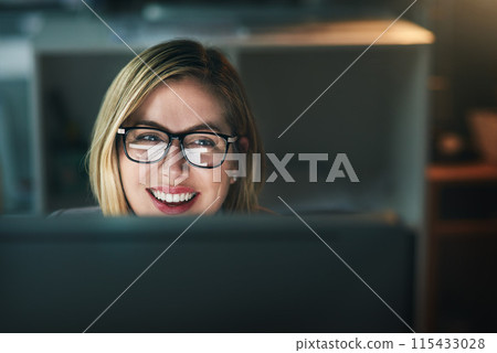 Reading, reflection and glasses of business woman in office for typing email, planning and working overtime. Professional, career and receptionist for administration, research and information on pc Reading, reflection and glasses of business woman in office for typing email, planning and working overtime. Professional, career and receptionist for administration, research and information on pc 115433028