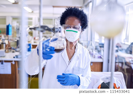 Woman, science and chemical or solution in lab, experiment and assessment in reagent bottle for analysis with chemist. Pharmaceutical, development and innovation research, medical and face mask 115433041