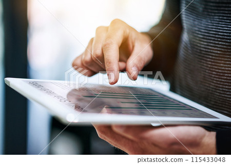 Businessman, hands and graphs on tablet for data analytics, growth or research for online report in office. Entrepreneur, analyst or technology to scroll for infographics screen and charts statistics 115433048