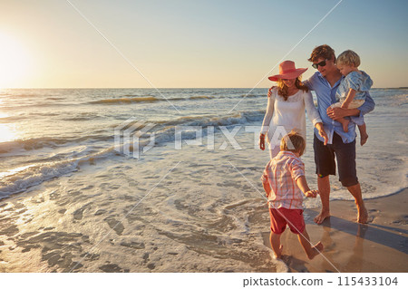 Sand, holiday and walking for family, beach and bonding in trip, fun and outdoor in California. Sea, peace and children with parents, waves and water of ocean, relax and man with woman together 115433104