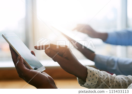 Business, screen and hands in office with phone for networking, chatting and text message. Corporate people, technology and connection with smartphone, online application and digital communication 115433113