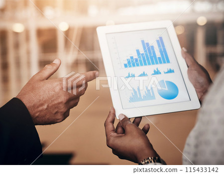 Hands, graphs and tablet for financial review strategy, data report and growth chart statistics. Business people, infographic and information by discussion, screen with analytics and company target 115433142