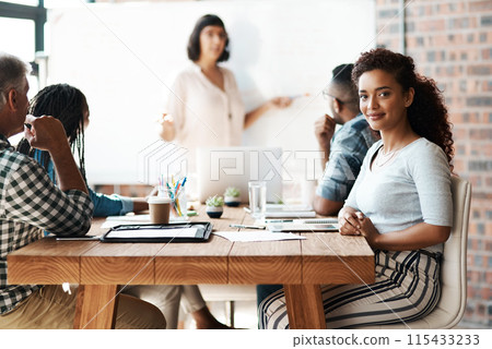 Portrait, confidence and woman at creative presentation, project management and planning in workshop. Smile, meeting room and designer at tech startup for growth, development or opportunity in office 115433233