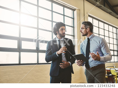 Business men, discussion and planning on tablet with startup research or results of restaurant or cafe investment. Mature investor and people with advice for profit, decision or sales on digital tech 115433248
