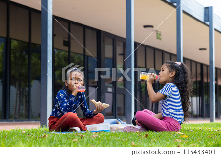 Two biracial girls enjoy lunch in school, sitting on the grass with sandwiches and juice Two biracial girls enjoy lunch in school, sitting on the grass with sandwiches and juice 115433401