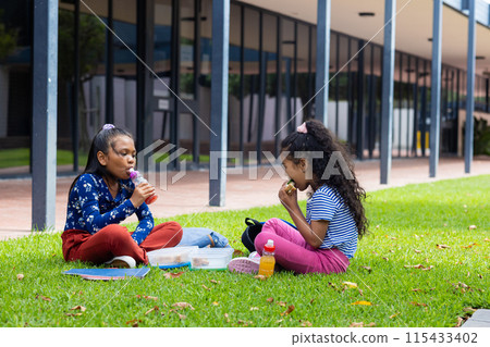 Two biracial girls enjoy lunch on a sunny day in school, sitting on the grass with snacks Two biracial girls enjoy lunch on a sunny day in school, sitting on the grass with snacks 115433402