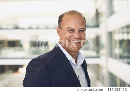 Mature, businessman and happy architect with confidence for project management, property planning and portrait. Contractor, professional person and smile for engineering, building planner and pride 115433413