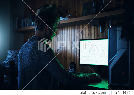 Man, computer and analytics and typing in home, graphs and online studying stock market for trends. Remote work, data analysis and finance for investment, digital currency and growth or infographics Man, computer and analytics and typing in home, graphs and online studying stock market for trends. Remote work, data analysis and finance for investment, digital currency and growth or infographics 115433435