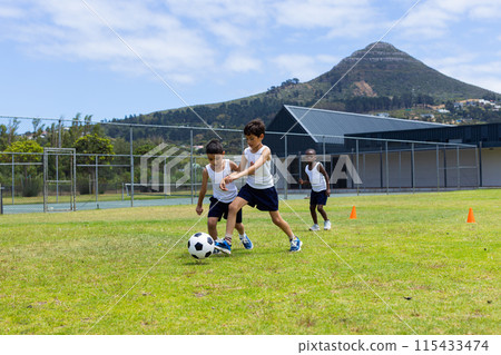 Biracial and African American children play soccer on a grassy field in school 115433474