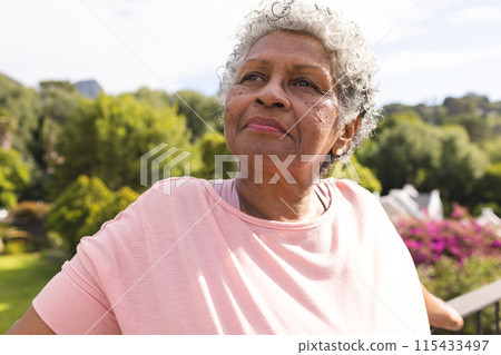 Senior biracial woman with short gray hair gazes thoughtfully in an outdoor setting 115433497