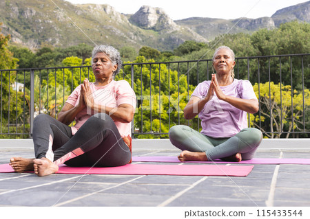 Senior African American woman and senior biracial woman are practicing yoga outdoors 115433544