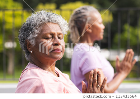 Senior African American woman and senior biracial woman practice yoga outdoors 115433564