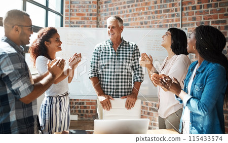 Business people, manager and applause for celebration in presentation with company growth or target achievement. Group, professional employees or clapping hands for success or victory at team meeting 115433574
