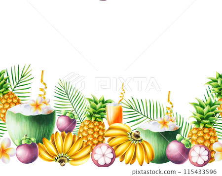 Tropical seamless frame with glass goblet with orange cocktail, coconut with gold tube for drinks and orchid flowers, mangosteens, bananas, pineapples and palm leaves. Watercolor ripe fruits Tropical seamless frame with glass goblet with orange cocktail, coconut with gold tube for drinks and orchid flowers, mangosteens, bananas, pineapples and palm leaves. Watercolor ripe fruits 115433596