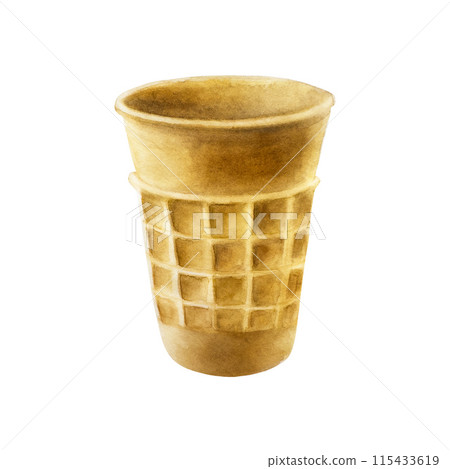 Empty crispy waffle cone. Hand painting sweet watercolor illustration isolated on background. For designers, menu, shop, decoration, restaurant, for postcards, wrapping paper, covers Empty crispy waffle cone. Hand painting sweet watercolor illustration isolated on background. For designers, menu, shop, decoration, restaurant, for postcards, wrapping paper, covers 115433619