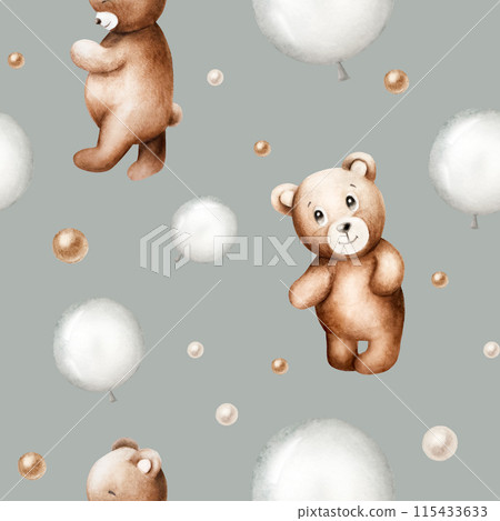 Seamless pattern with cute cartoon teddy bears, silver and brown foil balloons. Hand drawn watercolor baby illustration isolated on background. Lovely toy for baby and kids new born celebration, 115433633