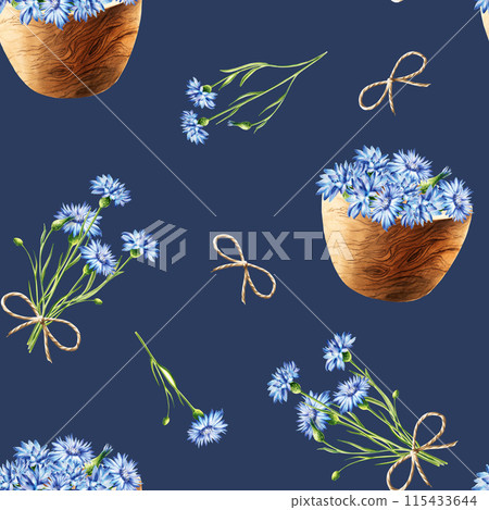 Watercolor seamless pattern with wooden mortars with cornflowers and twine bows isolated on white background. Beauty products and botany elements, cosmetology and medicine. For designers, spa Watercolor seamless pattern with wooden mortars with cornflowers and twine bows isolated on white background. Beauty products and botany elements, cosmetology and medicine. For designers, spa 115433644