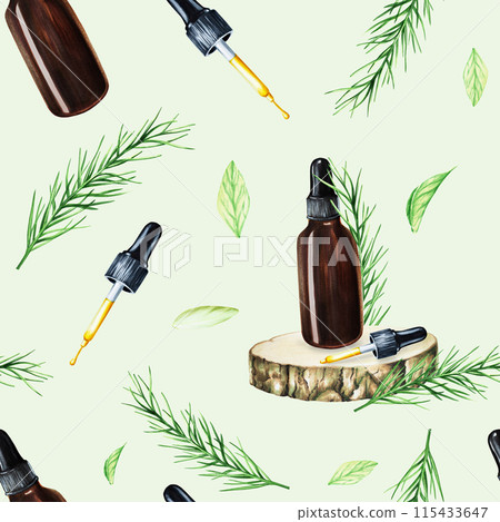 Watercolor seamless pattern illustration with bottle of serum, cream with pipette on a wooden saw and fresh rosemary isolated on background. Detail of beauty products and botany set, cosmetology and Watercolor seamless pattern illustration with bottle of serum, cream with pipette on a wooden saw and fresh rosemary isolated on background. Detail of beauty products and botany set, cosmetology and 115433647
