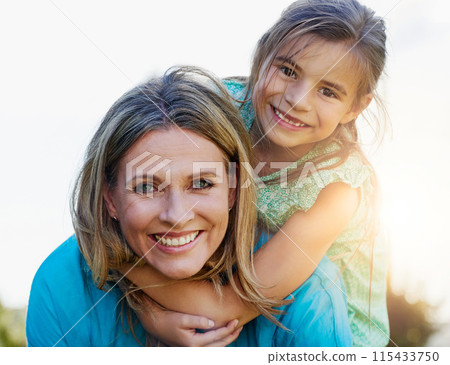 Outdoor portrait, piggyback and mother with girl for love relationship, family bond together and smile for parent support. Hug, nature and mama with young child for happiness and relax with sunshine 115433750