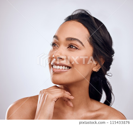Beauty, thinking and happy woman in studio for skincare, cosmetics and glowing skin wellness on grey background. Dermatology, idea and Mexican girl model planning Diy treatment for shine cosmetology 115433876