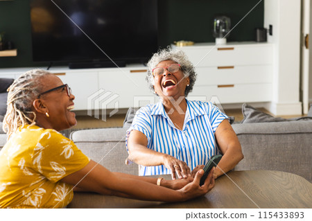 Senior African American woman and senior biracial woman share a laugh together on a couch at home Senior African American woman and senior biracial woman share a laugh together on a couch at home 115433893