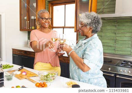 Senior African American woman and senior biracial woman toast with wine glasses in a bright kitchen 115433981