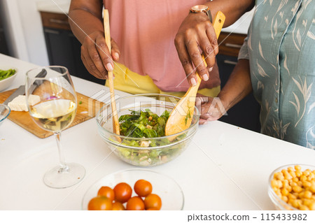 Senior African American woman and senior biracial woman prepare a salad together 115433982