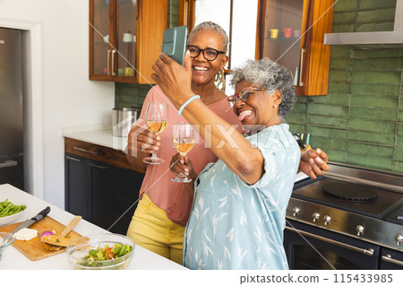 Senior African American woman and senior biracial woman share a joyful toast in a kitchen 115433985