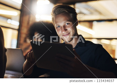 Research, tablet and employee in night, portrait and reading for deadline in office, online and finance. Boardroom, dark and man working late, auditor and collaboration for project, budget or company Research, tablet and employee in night, portrait and reading for deadline in office, online and finance. Boardroom, dark and man working late, auditor and collaboration for project, budget or company 115434037