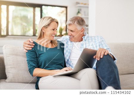 Couple, couch and laptop with smile in home, streaming and relax in living room for movies. Internet, computer and online website for watching with married people, calm and lounge with technology 115434102