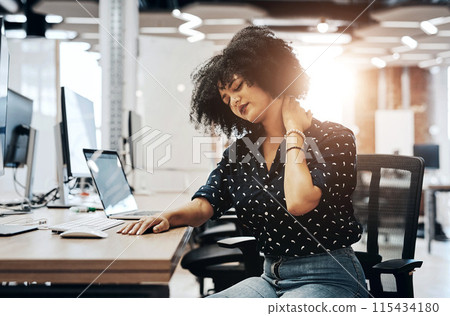 Woman, creative and office with neck pain, burnout and web designer with stress or muscle tension in workplace. Problem, strain and employee massage cramp for wellness, tech and online career Woman, creative and office with neck pain, burnout and web designer with stress or muscle tension in workplace. Problem, strain and employee massage cramp for wellness, tech and online career 115434180