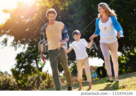Smile, family and kid with holding hands in nature for outdoor adventure, holiday and bonding. Man, woman and son with love at countryside for vacation, child development and support on fathers day Smile, family and kid with holding hands in nature for outdoor adventure, holiday and bonding. Man, woman and son with love at countryside for vacation, child development and support on fathers day 115434184